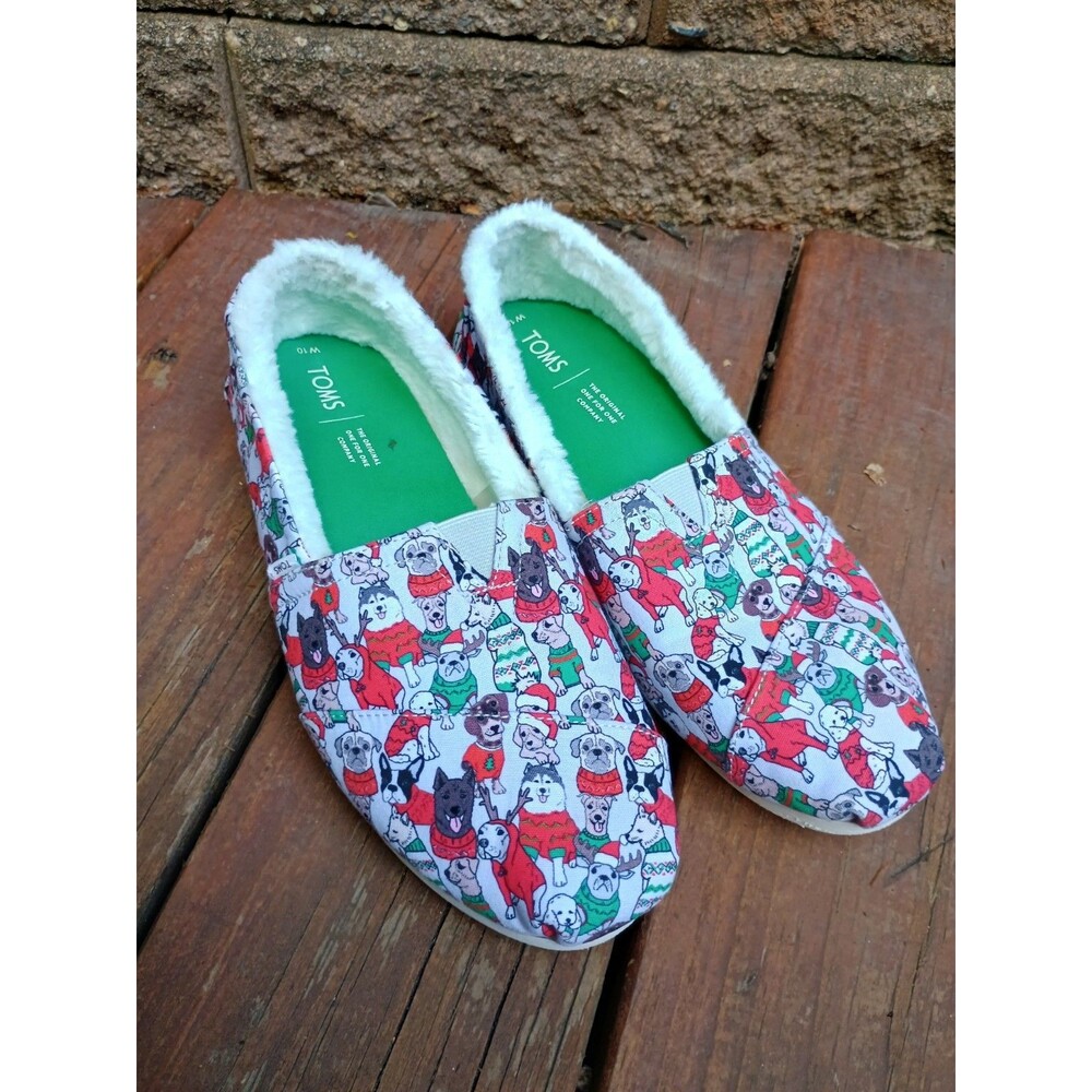 TOMS Woman’s Belmont Glacier Christmas Dogs Holiday Flat Shoe Sz 10